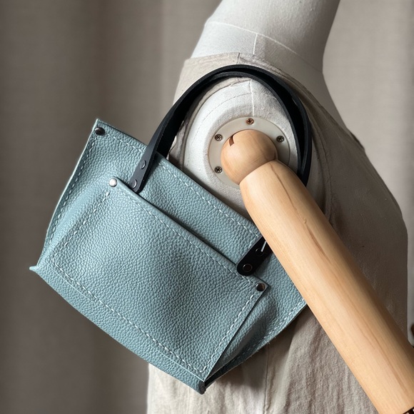Handmade Mini Sea Foam Blue Leather Tote Bag - Picture 2 of 13